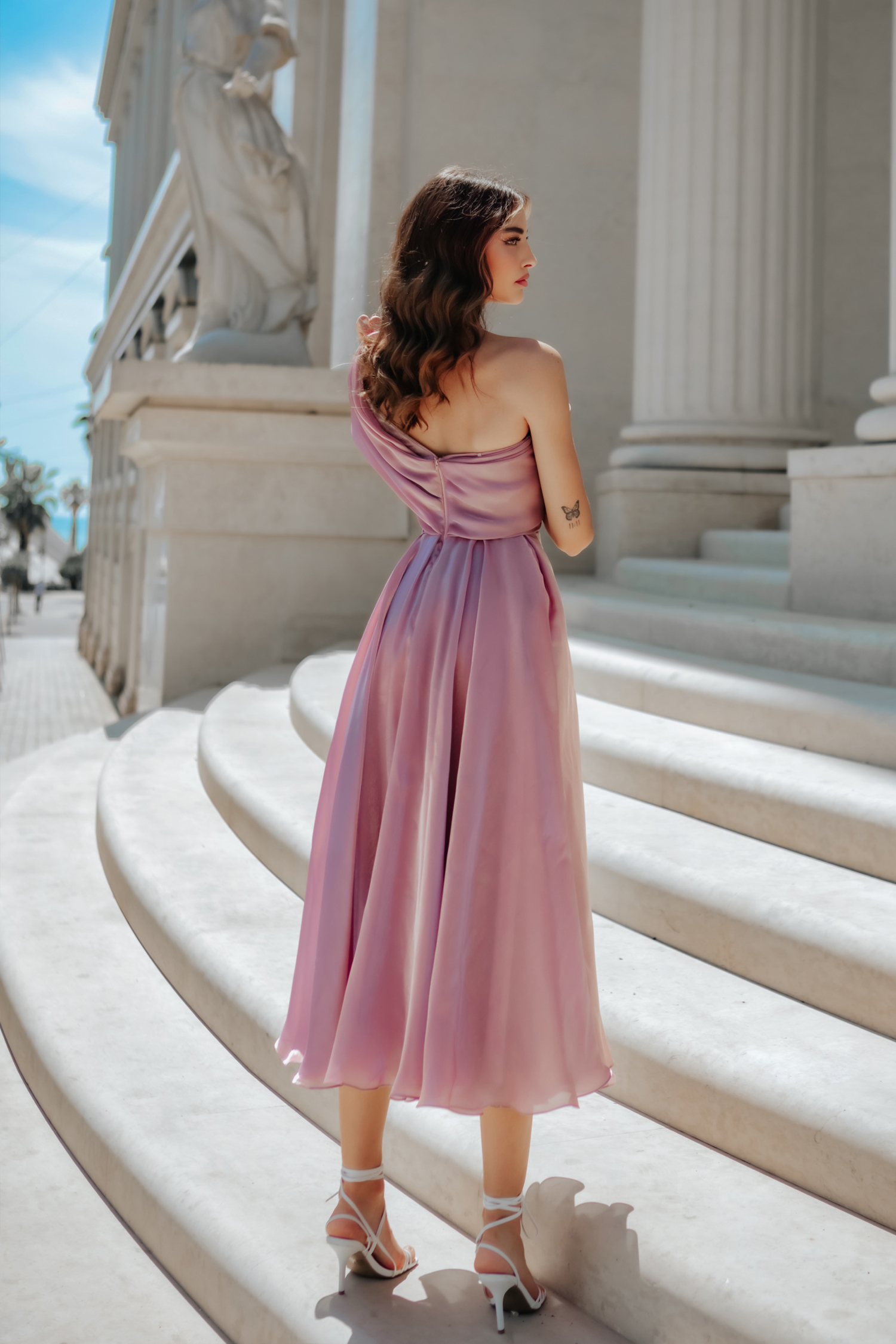 One Shoulder Split Shiny Satin Midi Cocktail Event Dress TK315