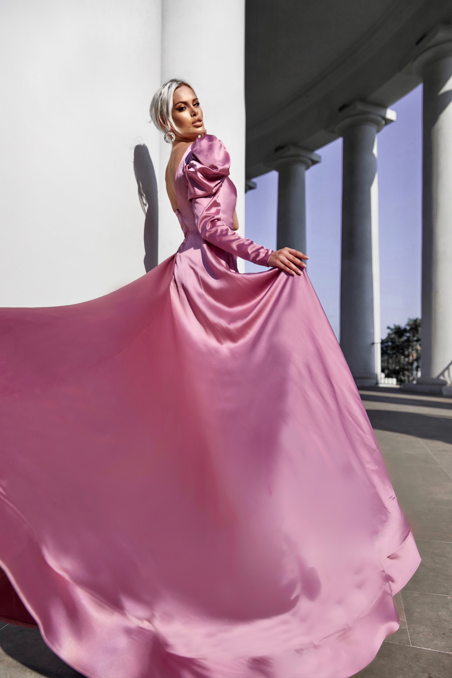 Ruched Bodice Puff Sleeves Satin Evening Formal Dress TK333