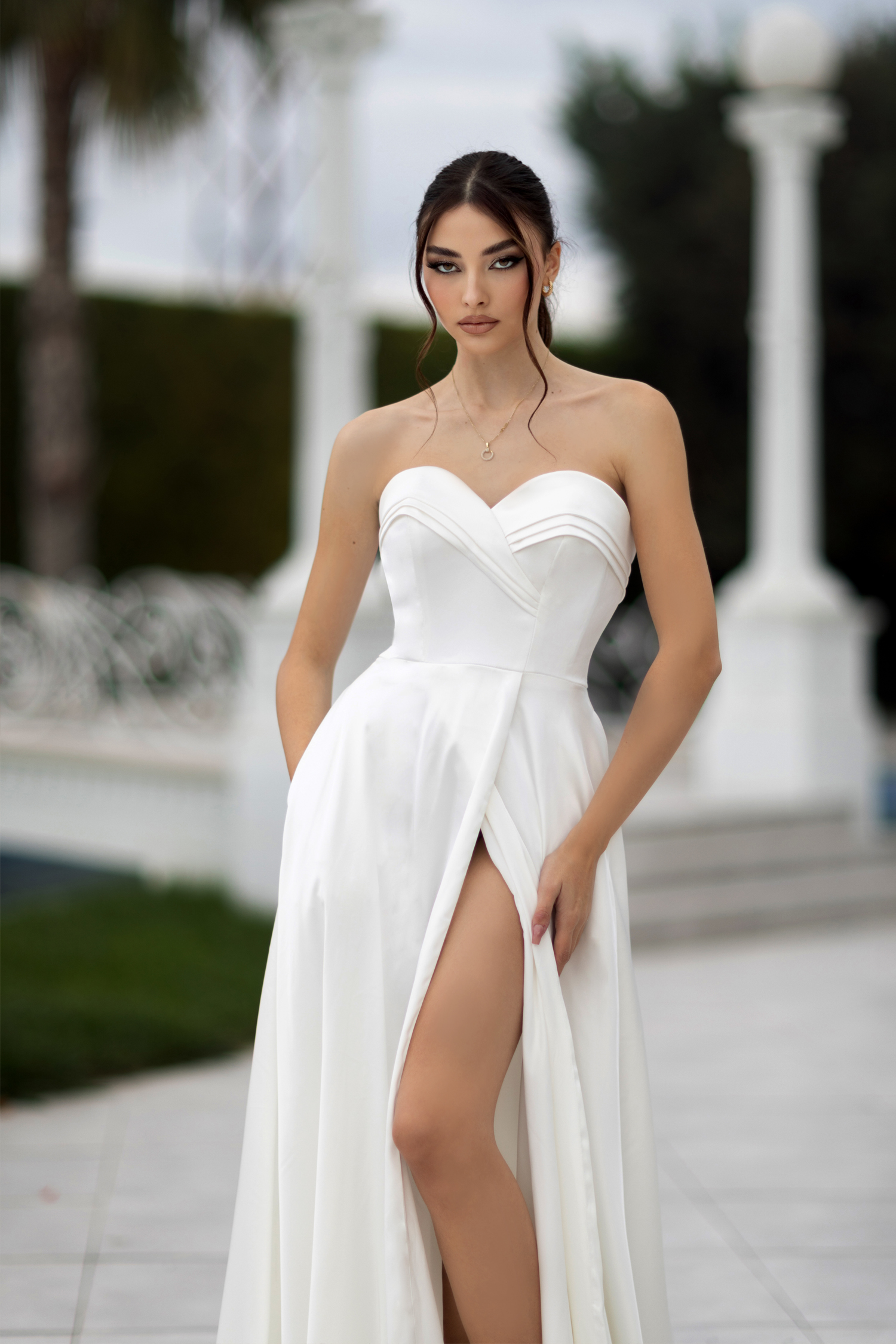 Strapless Sweetheart Split A Line Satin Wedding Dress TW105