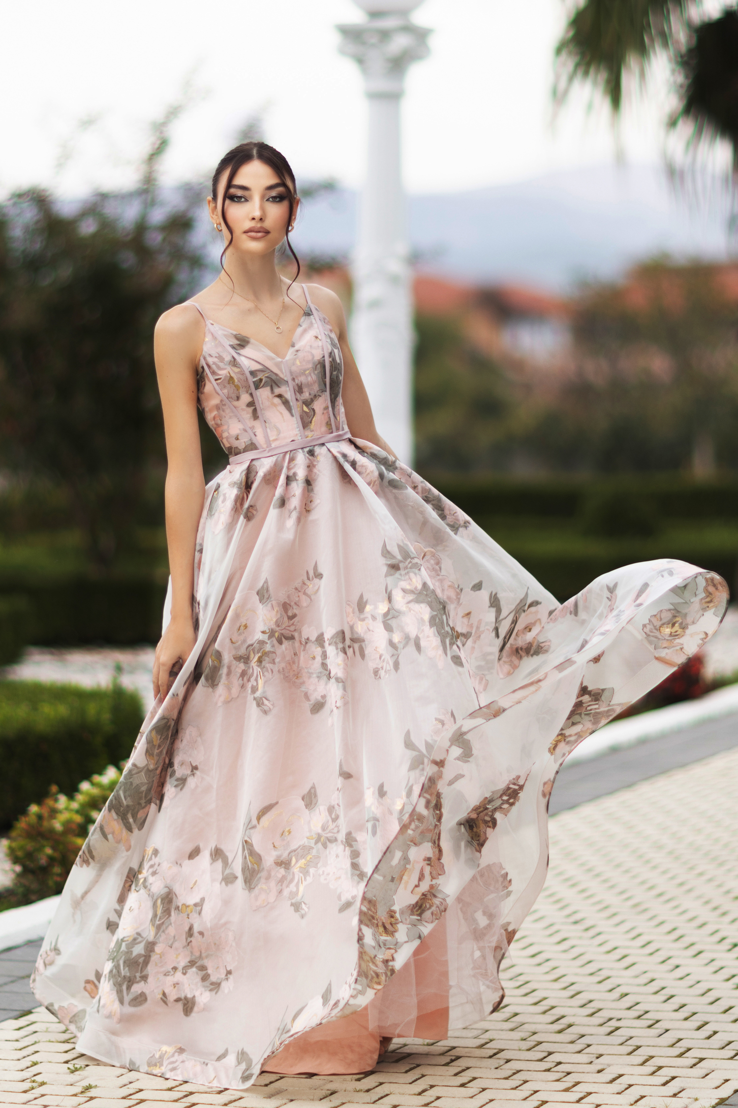 V Neckline Floral Jaquard Organza Ballgown Formal Dress TA616