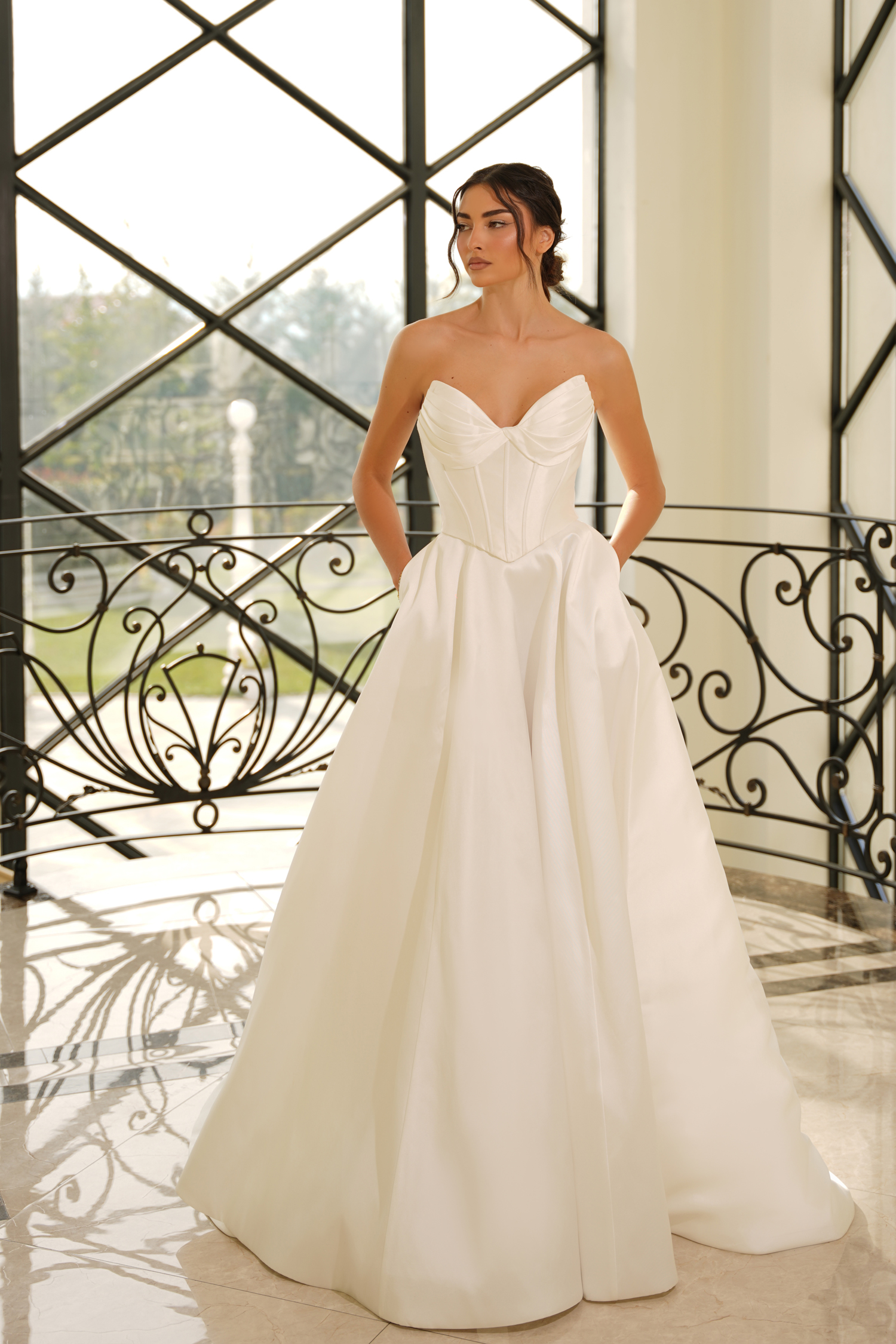 LONG STRAPLESS STRUCTURED CORSET BODICE basque waist MIKADO BRIDAL Wedding GOWN | Laurenne -TE704