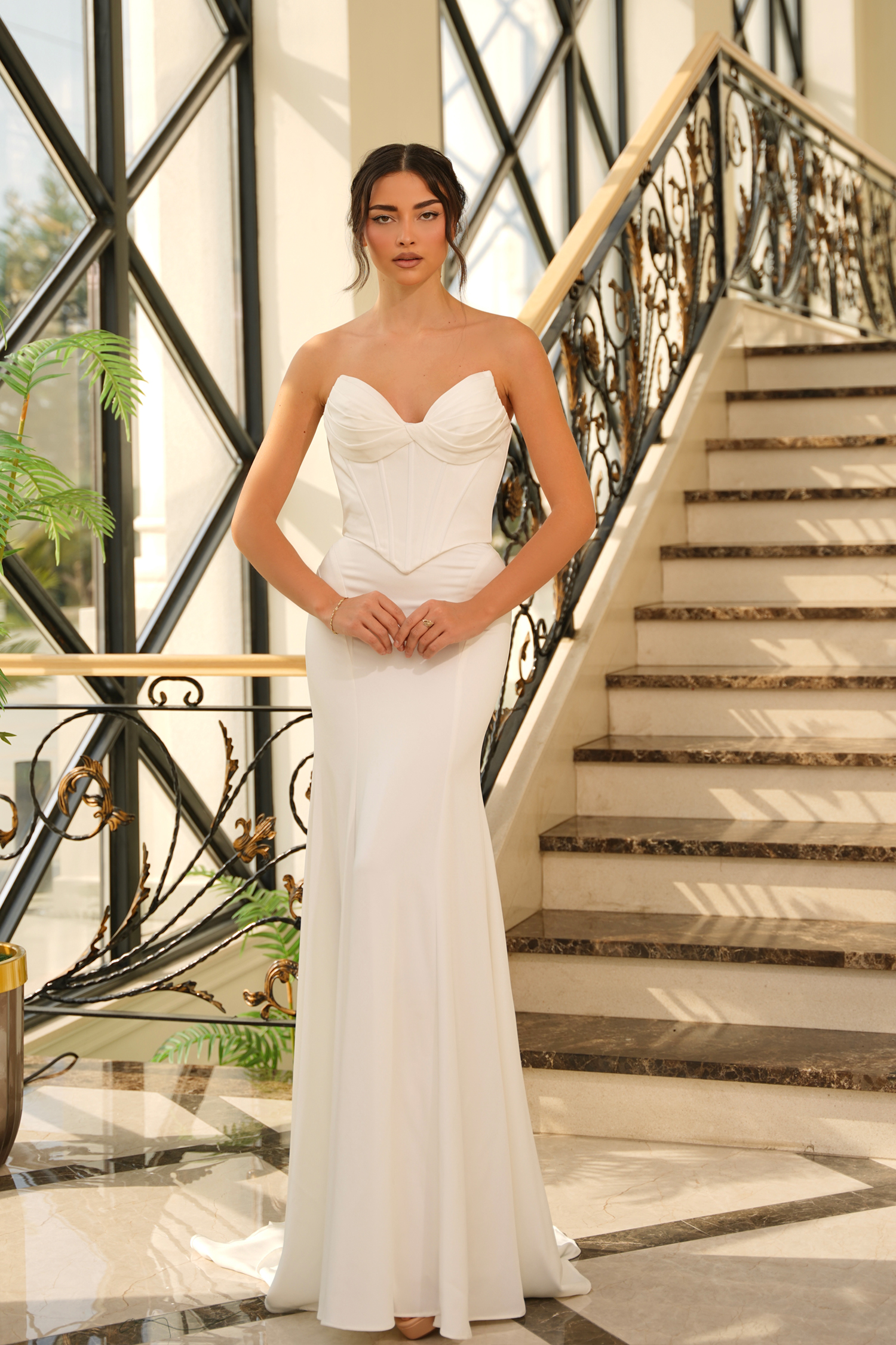 LONG STRAPLESS SATIN MERMAID FITTED DRESS WITH CORSET BODICE dropped basque waist | Eliane- TE709