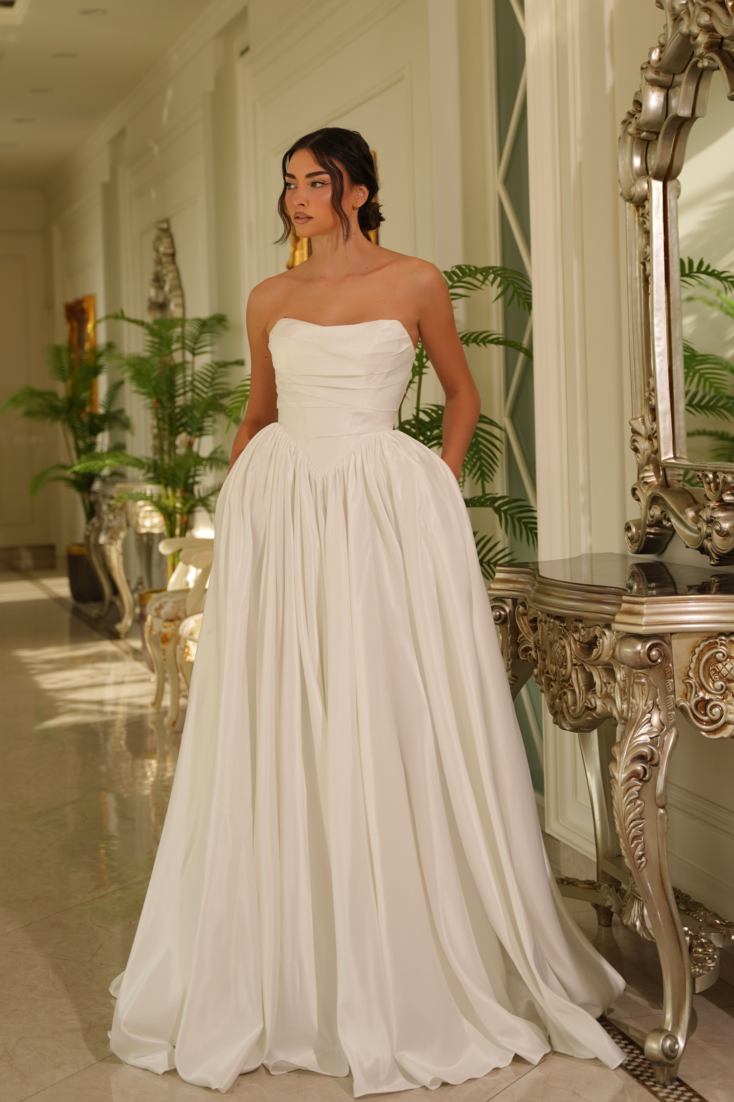 LONG STRAPLESS A-LINE BASQUE BODICE SATIN BRIDAL WEDDING GOWN | Marcelline - TE810