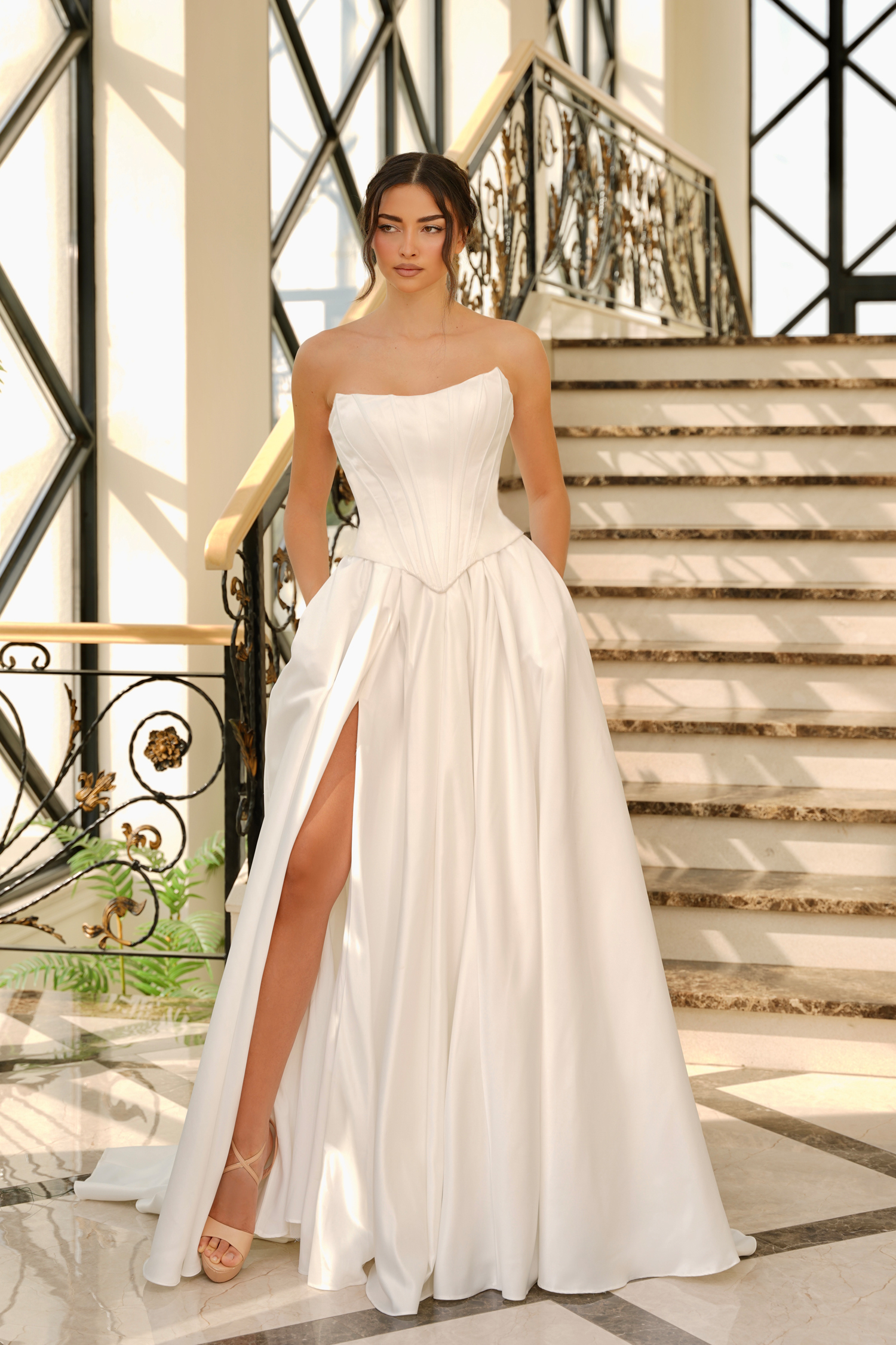 LONG STRAPLESS Corset BODICE basque waist SPLIT SATIN BRIDAL wedding | Milan without Pearl Applique-TK803